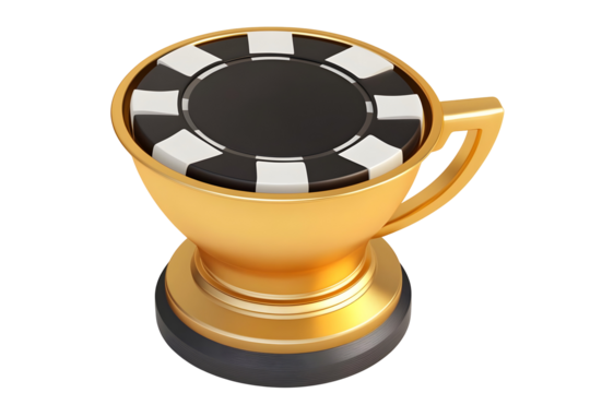 3d Render Trophy with Casino Chip in Golden Color Award Cup Game Reward for Success Celebration on Transparent Background
