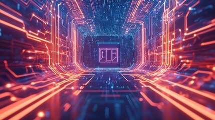 A detailed depiction of a microchip at the center, surrounded by vibrant, glowing data streams that highlight advancements in technology and computing
