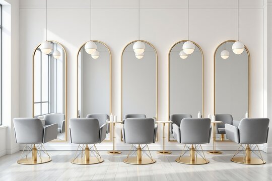 Elegant modern hair salon interior with gold-framed mirrors and gray chairs.