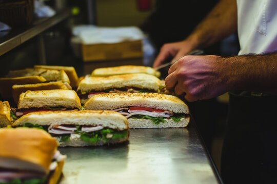 Freshly Made Sandwiches with Various Ingredients on a Metal Counter