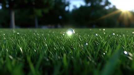 Naklejka premium Lush green grass with dew drops, bathed in golden sunlight. Close-up view of vibrant nature