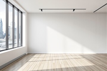 Fototapeta premium Modern interior with large windows and blank white wall.