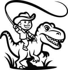 A beautiful cowboy riding a dinosaur or t-rex silhouette vector art, cowboy riding a dinosaur or t-rex isolated line art vector illustration © Hai