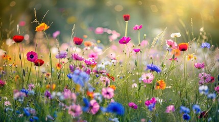 Obraz premium Blooming Wildflower Meadow with Sunlight and Vivid Colors for a Fresh Look