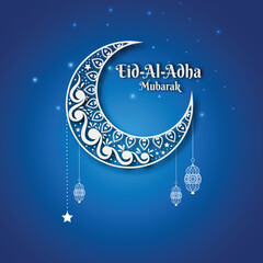 Eid al-Adha Mubarak celebration with lanterns, crescent moon, and mosque silhouette
