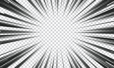 Abstract comic with radial lines lightning explosion on transparent background. Superhero design vector illustration. Manga frame with speed lines.