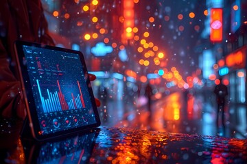 Tech Cityscape: Tablet displaying financial data amidst a vibrant, bokeh-filled cityscape, depicting the intersection of technology and urban life.