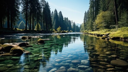 Naklejka premium Calm River Flowing Through a Lush Forest with Clear Water