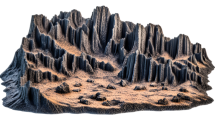 3D Rendering of Pixelated Terrain with Isometric View Shows Mountainous Landscape and Rock Formations on Transparent Background in Digital Low Poly Geometric Art