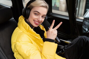Smiling young woman in a yellow jacket with headphones, showing a peace sign inside a car. Perfect for themes of music, lifestyle, fashion, and positivity