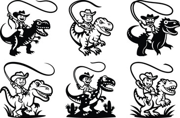 A beautiful cowboy riding a dinosaur or t-rex silhouette vector art, cowboy riding a dinosaur or t-rex isolated line art vector illustration set