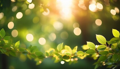 Fototapeta premium abstract bokeh lights with warm hues filtering through green foliage creating a serene and enchanting nature background