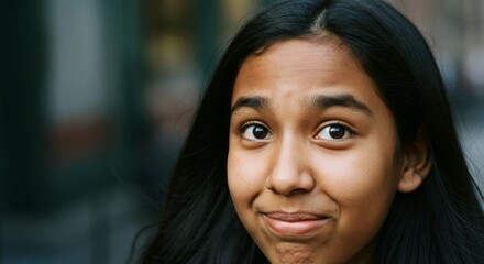 Hispanic female teen smiling outdoors with long hair and natural expression