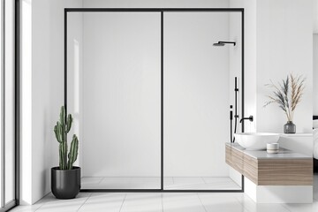 Modern minimalist bathroom with glass shower and floating wooden vanity.