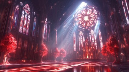Obraz premium A majestic cathedral, bathed in radiant light filtering through stained glass windows. Crimson hues illuminate the interior, creating a mystical atmosphere