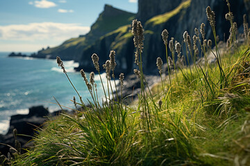 vibrant photograph breathtaking juxtaposition of delicate blades of grass and rugged cliffs, accentuating vibrant emerald hues of foliage and indomitable spirit of life thriving amidst unforgiving cir