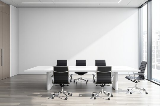 Modern office interior with minimalist design and empty meeting room setup.