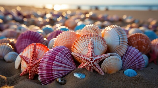 Colorful Seashells and Starfish on Sandy Beach at Sunset