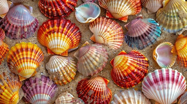 Colorful Seashells on Sand Background Displaying Summer Beach Collection