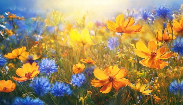 floral meadow of vibrant yellow orange and blue flowers in artistic impression style