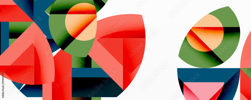 Poster Abstract geometric composition with interlocking circular and angular shapes, featuring smooth gradients and sharp contrasts on a white background