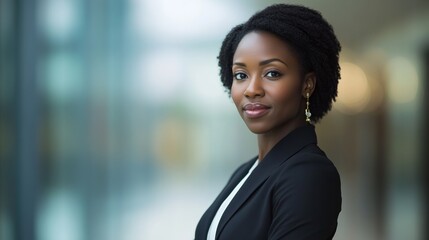 African American woman beams with joy, radiating warmth and confidence.