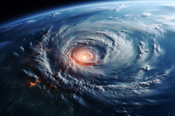 With a bird eye view, a satellite image seizes colossal might and essence of a hurricane, showcasing its tumultuous vortex, serene eye, and sheer grandeur