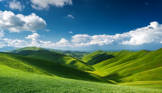 rolling green hills under a blue sky with white clouds