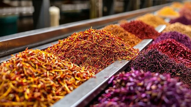 Aromatic Spice Display: A vibrant array of colorful spices, meticulously arranged in neat rows, offering a sensory experience.
