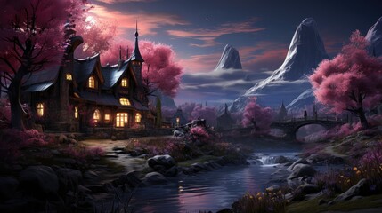 Enchanting Cottage by the River with Pink Blossoms and Mountain View