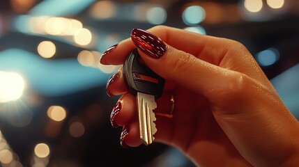 A close-up of a stylish hand with manicured nails holding a car key, a luxury vehicle’s sleek curves softly blurred in the background, high-end dealership lighting, photorealistic depth,