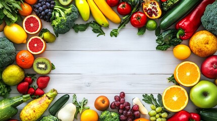 Fresh fruits and vegetables arranged beautifully, showcasing nature's vibrant bounty and healthy living.