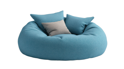 Cozy seating area, round teal bean bag with soft pillows, perfect for relaxation or casual gatherings, inviting and comfortable. Isolated on white background or PNG