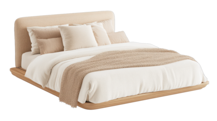 Cozy bedroom setup, elegant light beige bedding on a modern bed, tranquil atmosphere for restful sleep and relaxation. Isolated on white background or PNG