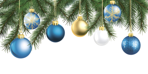 Illustration of Christmas Ornaments Hanging from Fir Branches with Blue Gold and White Baubles Decoration on Transparent Background for Holiday Season Celebrations