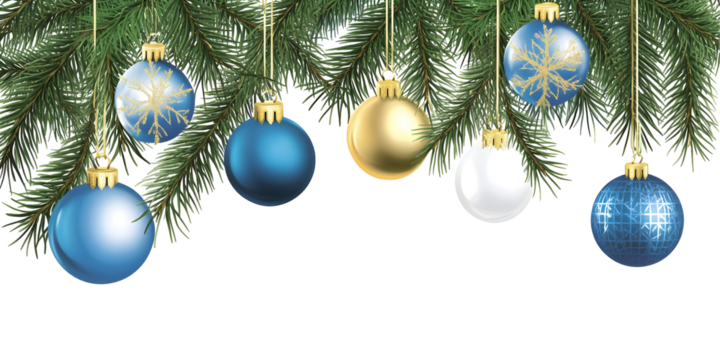 Illustration of Christmas Ornaments Hanging from Fir Branches with Blue Gold and White Baubles Decoration on Transparent Background for Holiday Season Celebrations