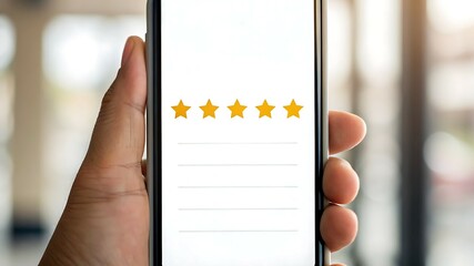 Business growth customer centric concept, A hand holding a smartphone displaying five golden stars for a review.