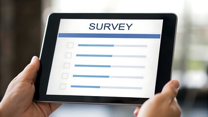 Business growth customer centric concept, Tablet displaying a survey with sliders and checkboxes held by a person.