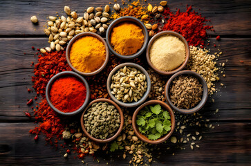 Fototapeta premium Vibrant Spices and Herbs on Rustic Wooden Table