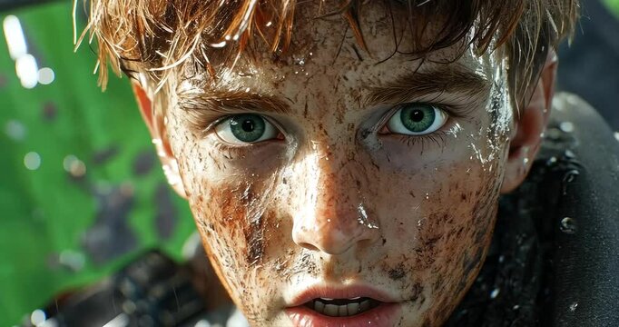 Close-up of a boy's face, mud and sweat, against green screen