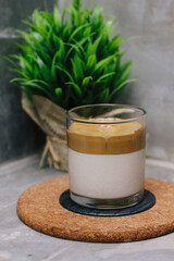 Dalgona coffee or whipped instant coffee. New popular food and drink trend. Trendy drink during Covid-19 city lock down and self quarantine, stay at home concept