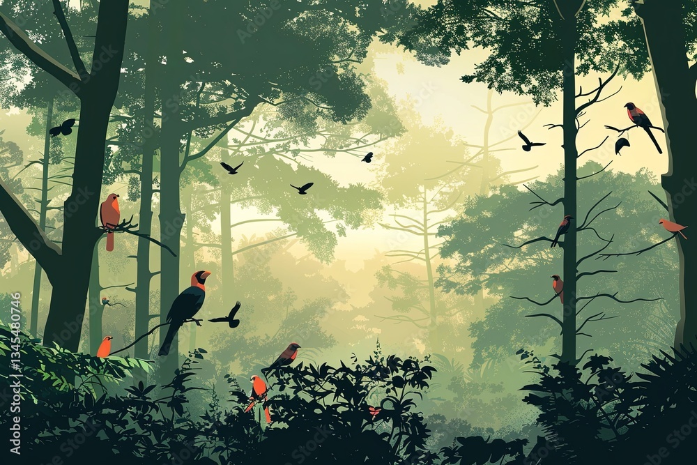 Leinwandbilder forest landscape with diverse bird species creating a serene environment for nature lovers at dawn g