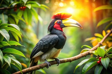 A vibrant tropical hornbill, captured in sharp focus against a dreamy bokeh forest.