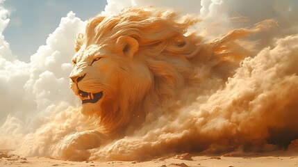 Sandstorm Lion Statue Desert Landscape Artwork