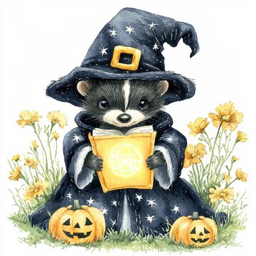 A cute badger in a wizard's hat reads a book, surrounded by pumpkins and flowers, embodying a whimsical, Halloween spirit.