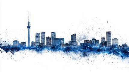 Obraz premium Abstract Blue City Skyline at Night with Watercolor Splatter