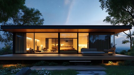 A futuristic glass-paneled container home under a starry sky, with soft ambient lighting glowing from within. The wooden deck extends into a cozy outdoor lounge area,