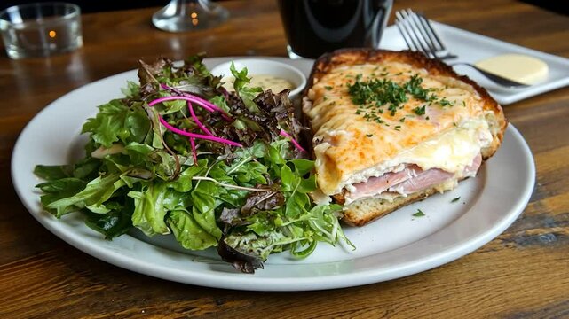 Croque Monsieur with Salad on Wooden Table