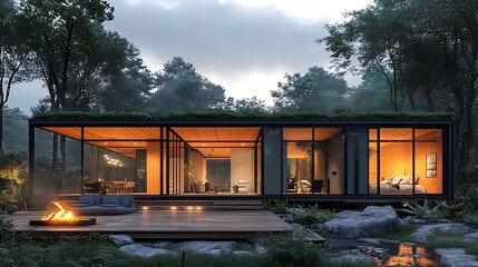 Obraz premium A futuristic off-grid container house with a sustainable green rooftop, LED mood lighting, smart solar panels, and an expansive wooden terrace with an integrated firepit.