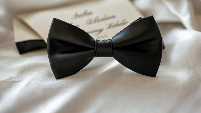 Bowtie in black satin, resting on a white linen surface with blurred wedding invitations nearby.